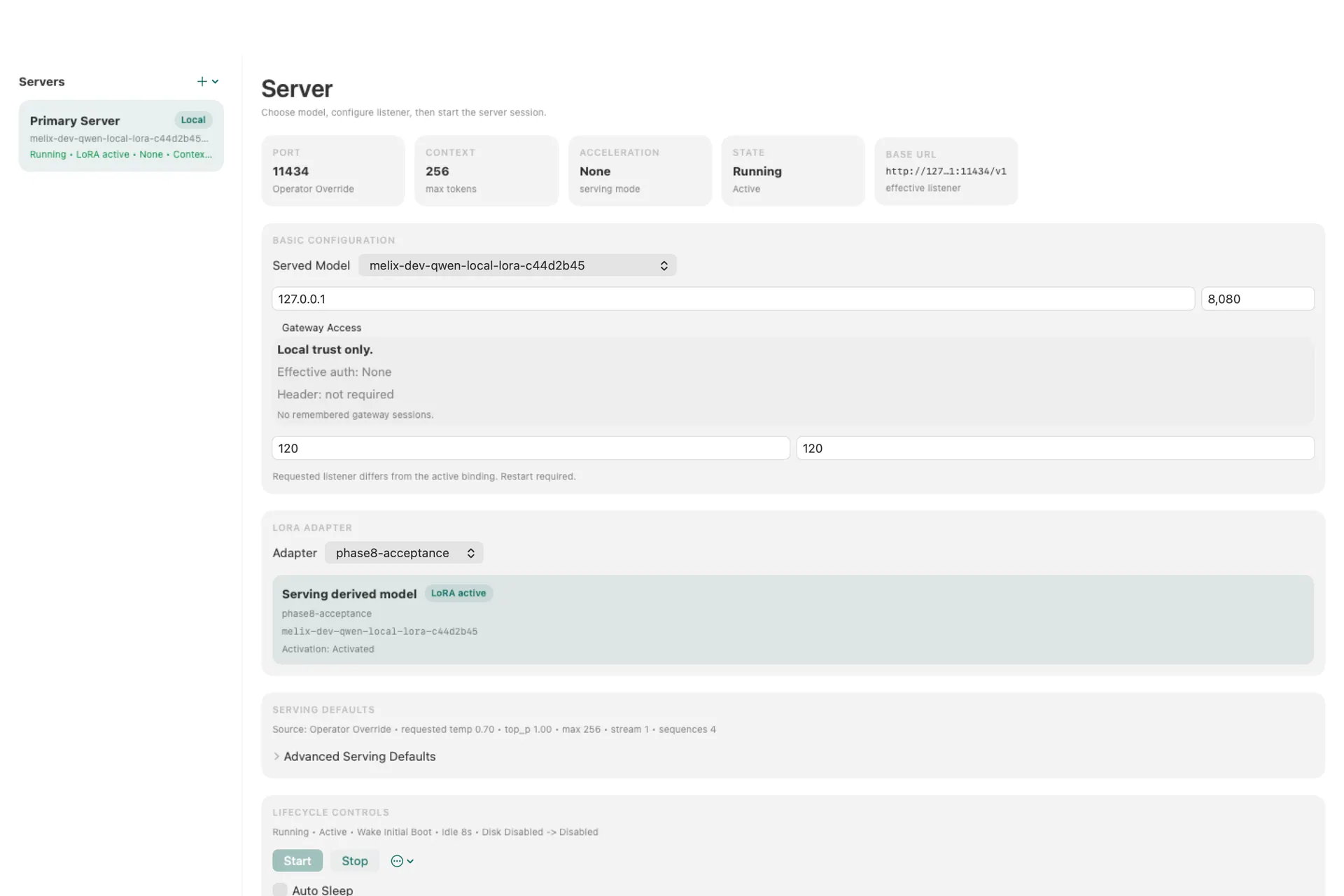 The Melix window on macOS: a local server running a model with a LoRA adapter, its gateway and serving settings.