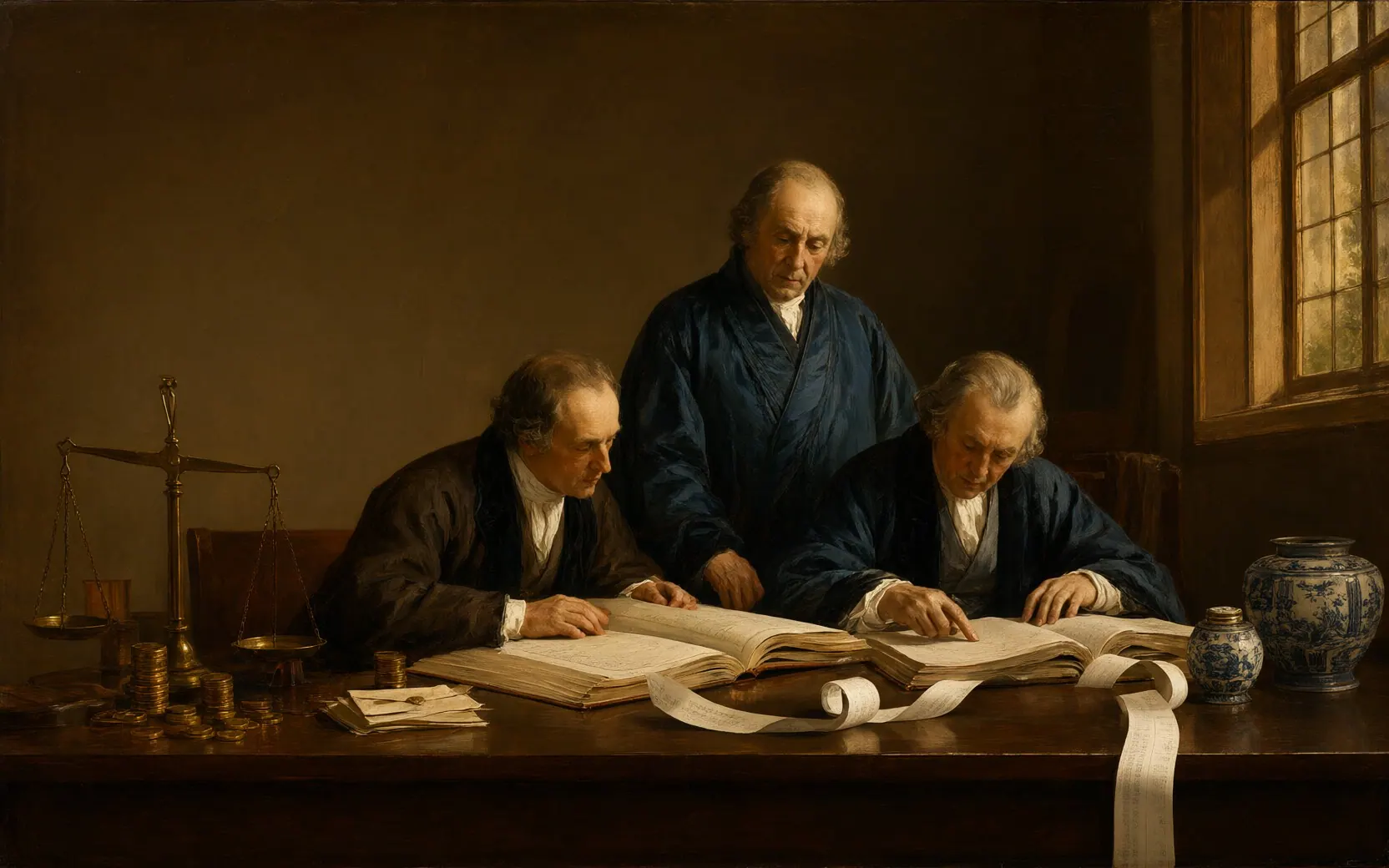 An oil painting of clerks reconciling ledgers in a counting house, a roll of receipt paper spilling over the table.
