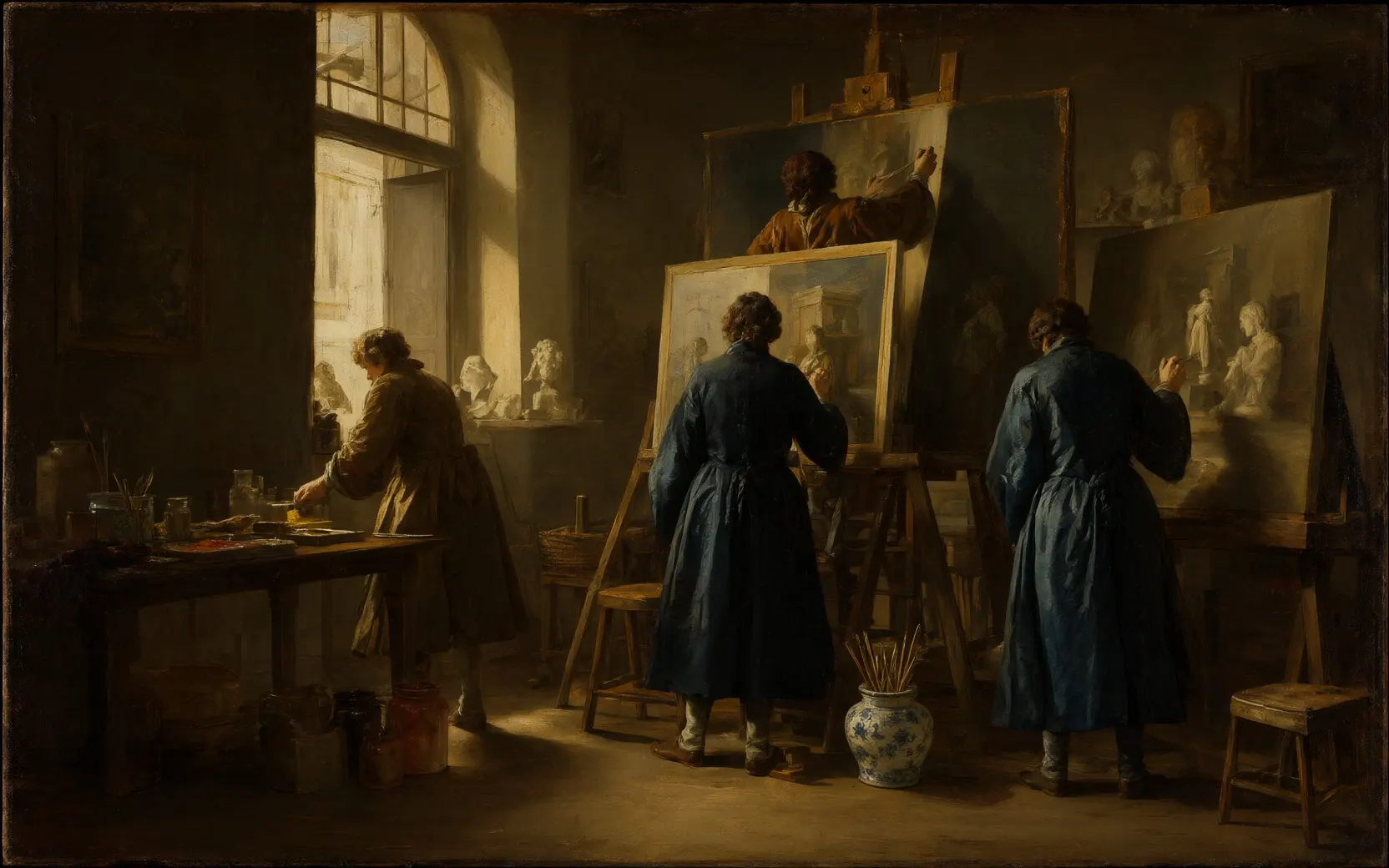 An oil painting of a painter's workshop, assistants in robes seen from behind at their easels.