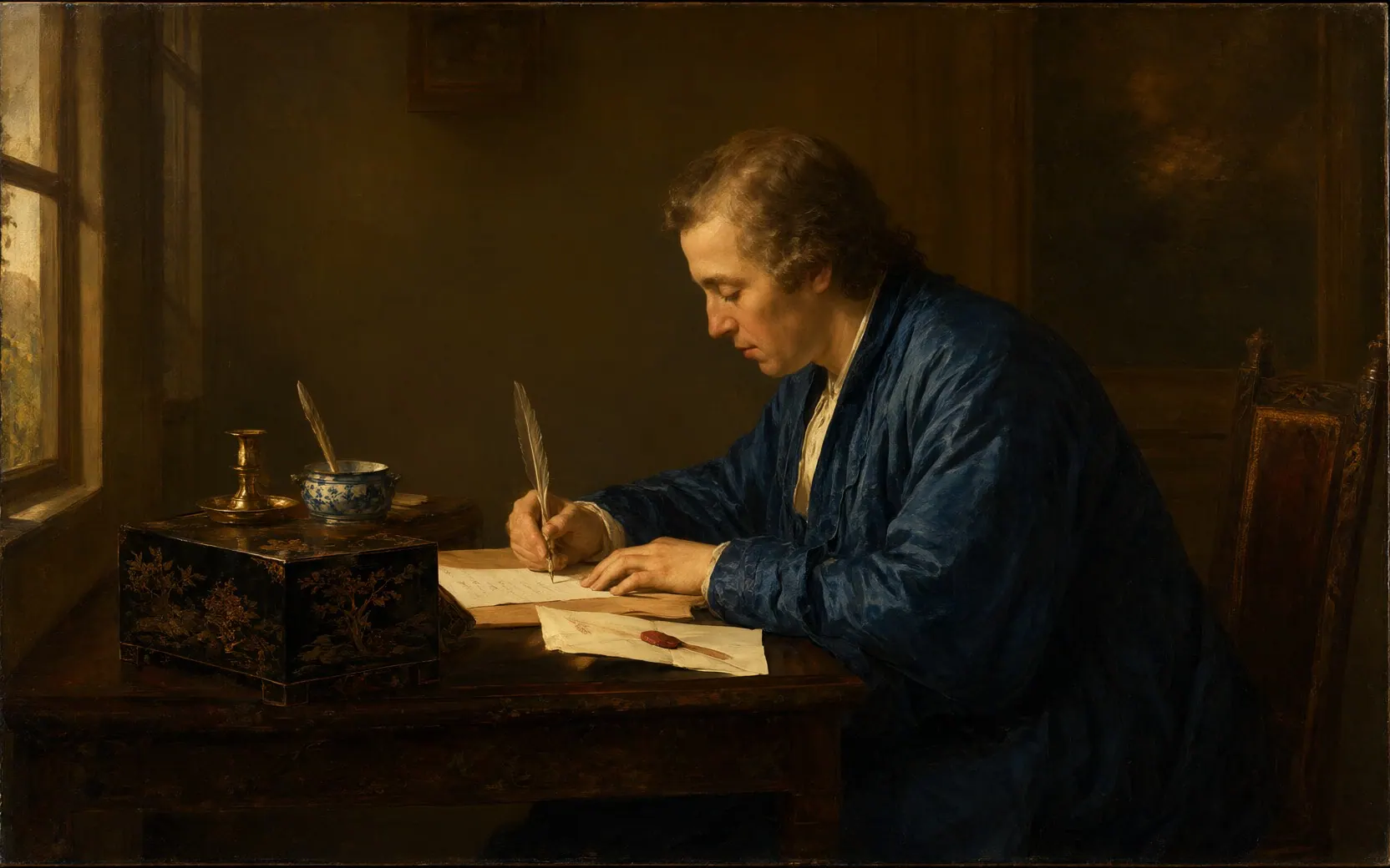 An oil painting of a merchant writing a letter of commission at a black and gold lacquer writing box.