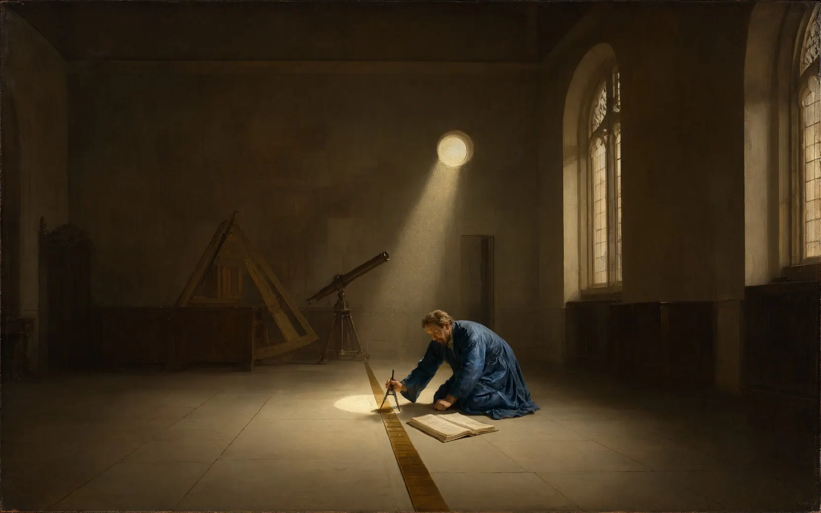 An oil painting of an observatory hall: a beam of sunlight from a round opening falls on a graduated brass line in the floor, where a scholar in an indigo robe kneels to mark it with dividers.