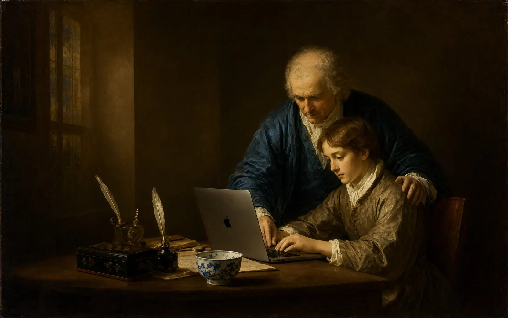 An oil painting of an old master guiding a young clerk who works on an open MacBook Pro among quills and an Imari cup.