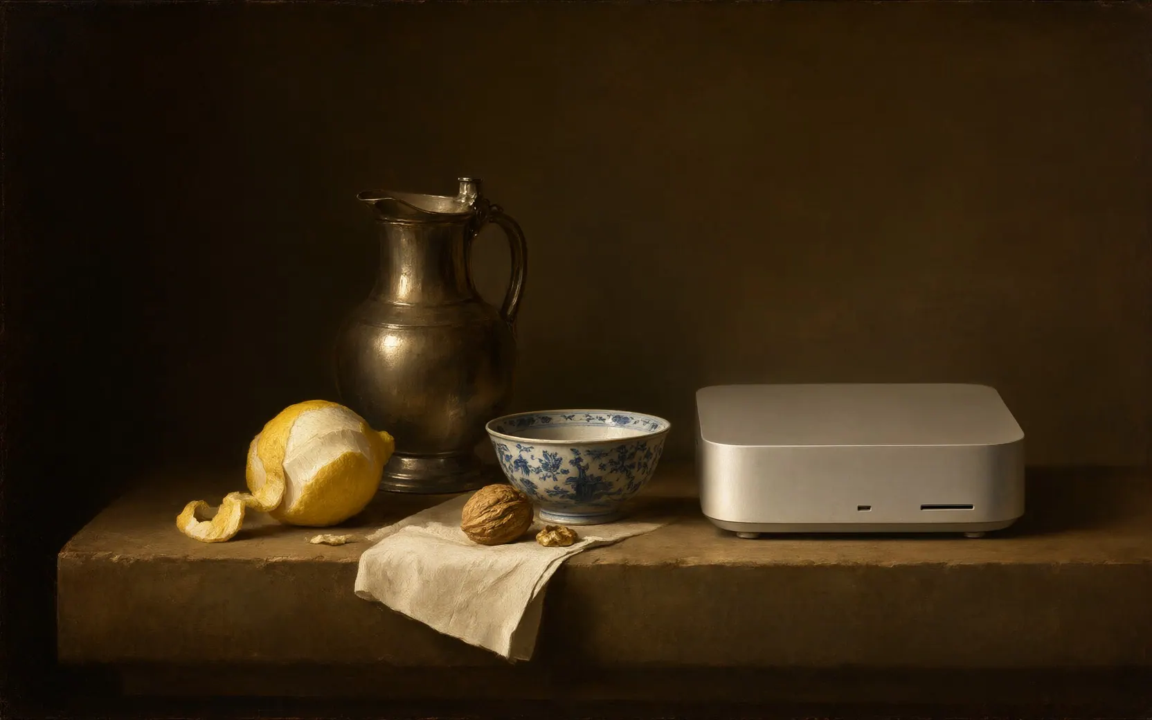 A still life of a pewter jug, a peeled lemon, an Imari bowl, walnuts and a Mac Studio on a stone ledge.