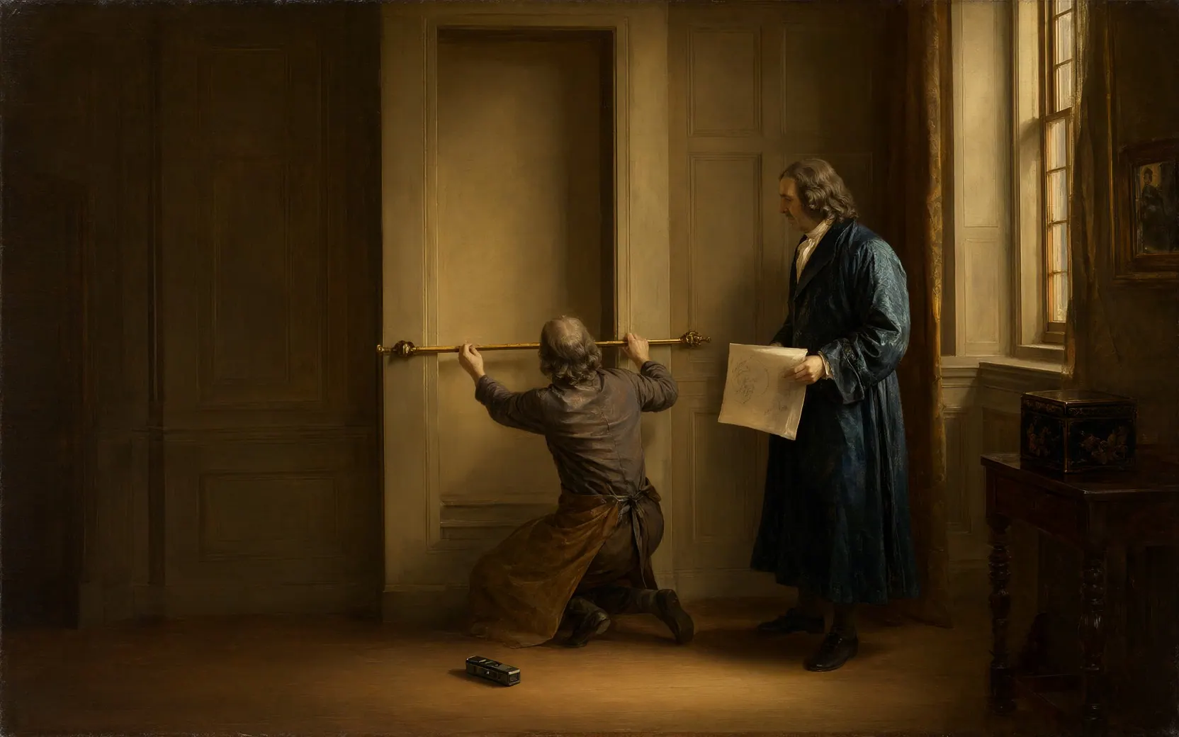 An oil painting of a cabinetmaker measuring an empty alcove with a brass-tipped rod before building a clock to fit it, a modern laser measure on the floor.