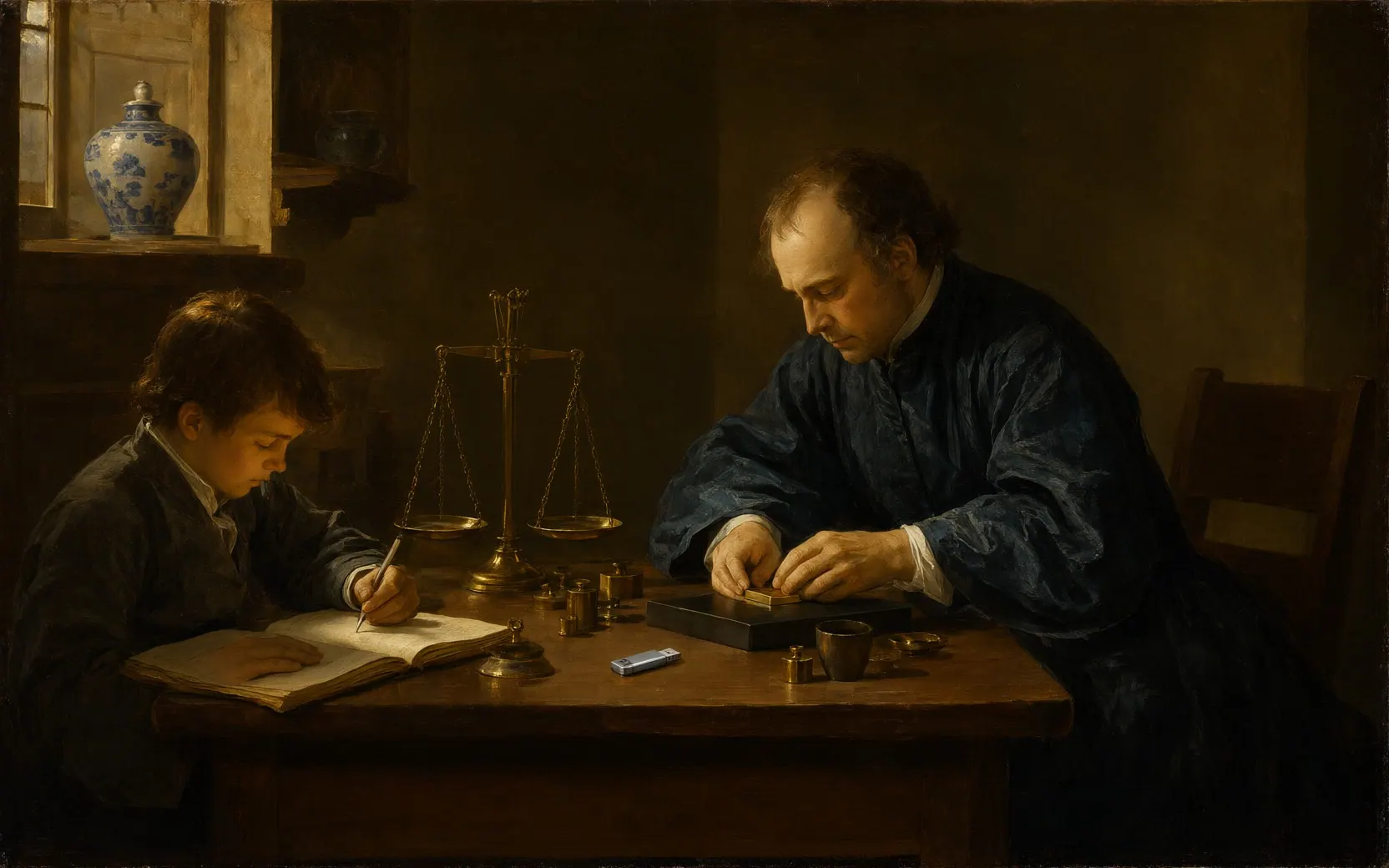 An oil painting of an assay office: an assayer tests a gold bar on a touchstone beside a brass balance, a small modern flash drive among the weights.