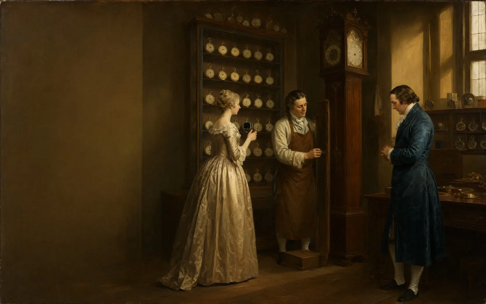 An oil painting of a clockmaker's shop: a lady reaches for a smartwatch hanging among gold pocket watches while a longcase clock is fitted for a gentleman.