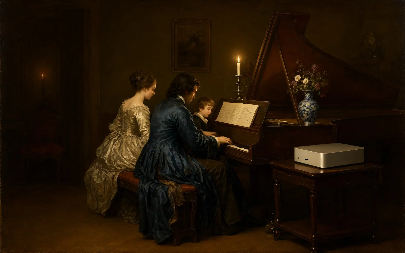 An oil painting of three musicians sharing one harpsichord by candlelight, a Mac Studio on the side table.